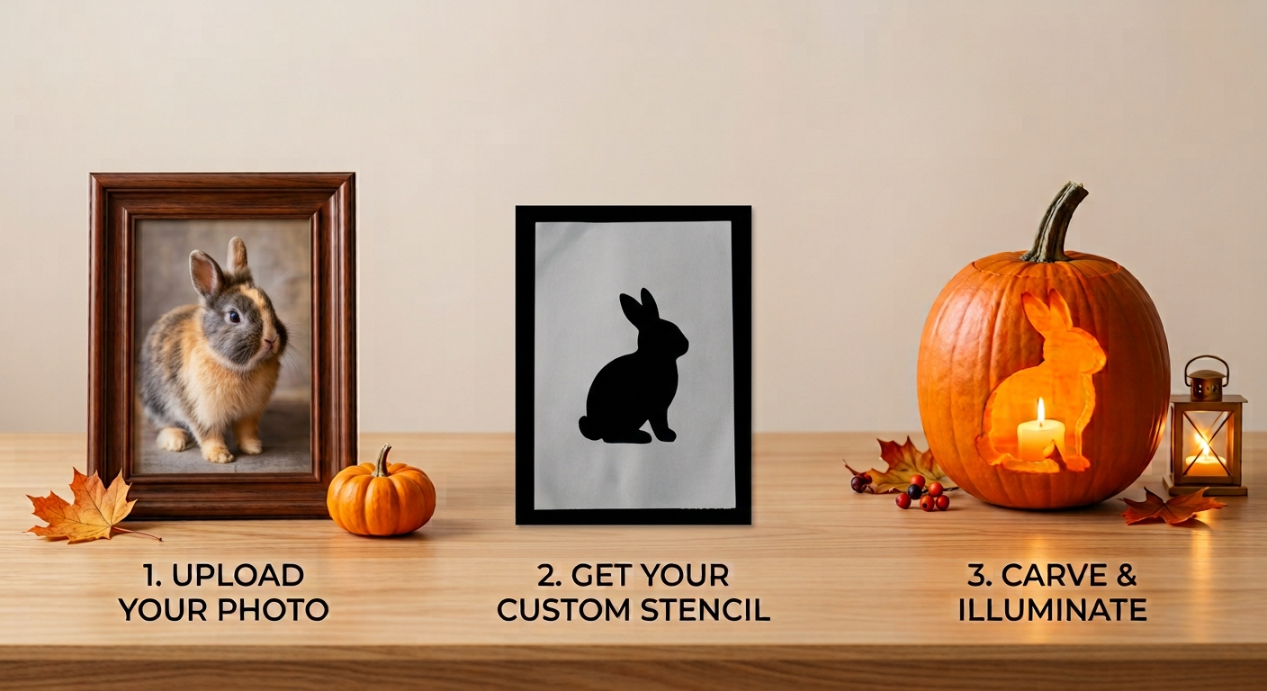 A bunny photo turning into a stencil, then into a carved, glowing jack-o'-lantern